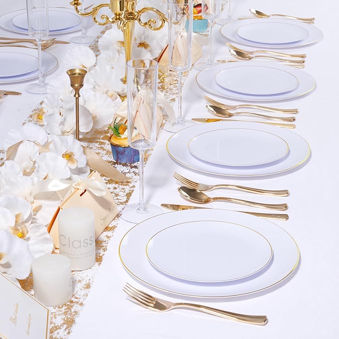 KIRE 200PCS Gold Plastic Plates - Disposable Plates for Party - White Plastic Plates with Gold Rim Include 100 for Dinner and 100 for Dessert/Salad in Wedding