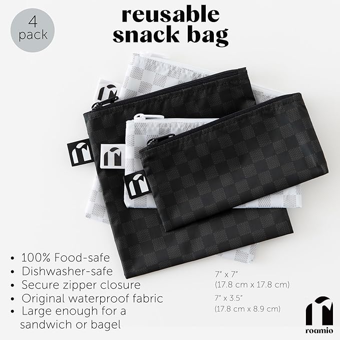 Roamio Reusable Sandwich and Snack Bags, for Kids School Lunch and for Adults Portion, Washable Fabric, Waterproof Cloth Zip Bag, Travel Pouch, Food-Safe Storage,4-pack Set Black Check and Off White