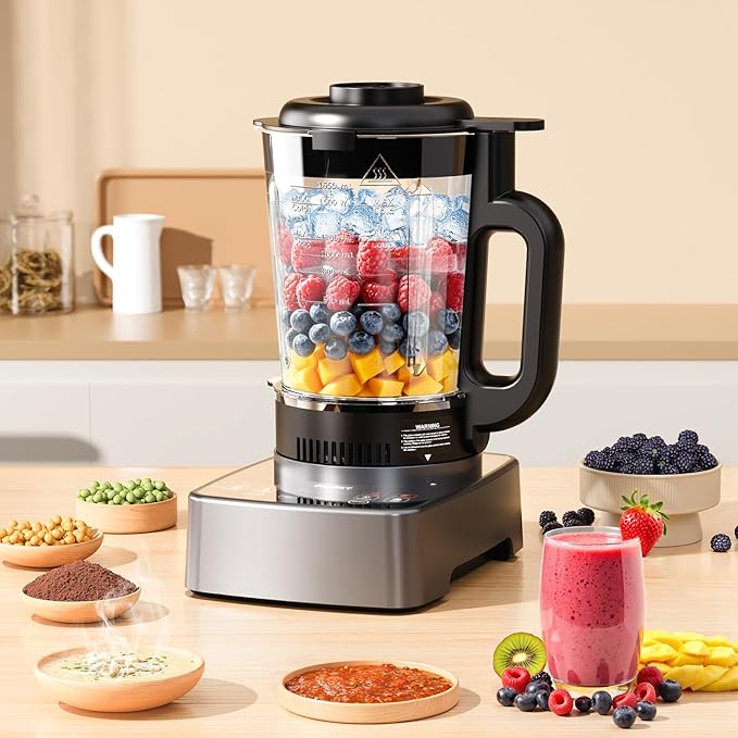Blenders for Kitchen with Heating, PRASKY 1000W Professional Glass Blender 55oz, 1000 RPM High Speed Shake Juice for Smoothies Blender Keep Warm, Auto Clean for Ice Crushing Soups Sauces (Sliver)