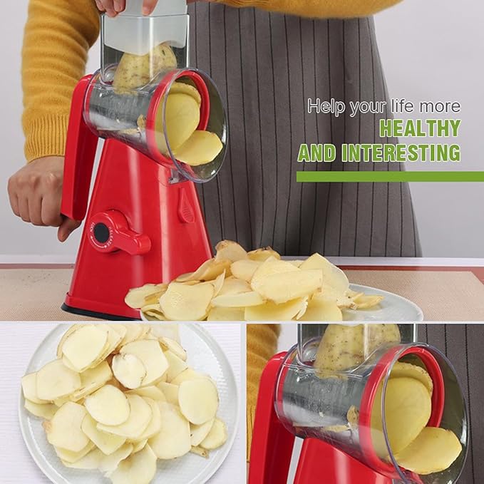Rotary Cheese Grater with Handle, Hand Crank Cheese Shredder Manual Vegetable Slicer with Non-slip Suction Base, Cheese Shredder for Vegetables, Nuts, and Parmesan, Easy to Clean