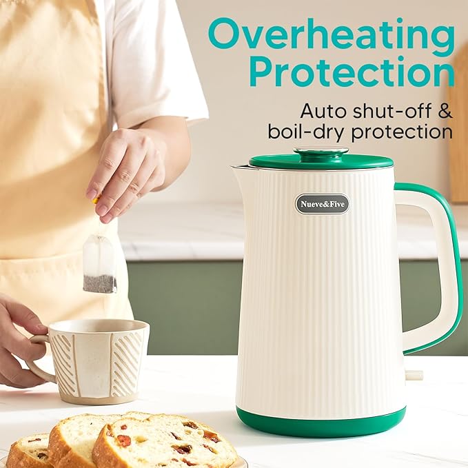 Nueve&Five 1.7L (57oz) Large Electric Kettle Perfect for 7+Cups of Tea and Coffee,2 quarts Double Wall Big Electric Tea Kettle,Auto Shut Off,1200W Hot Water Kettle Electric -Green