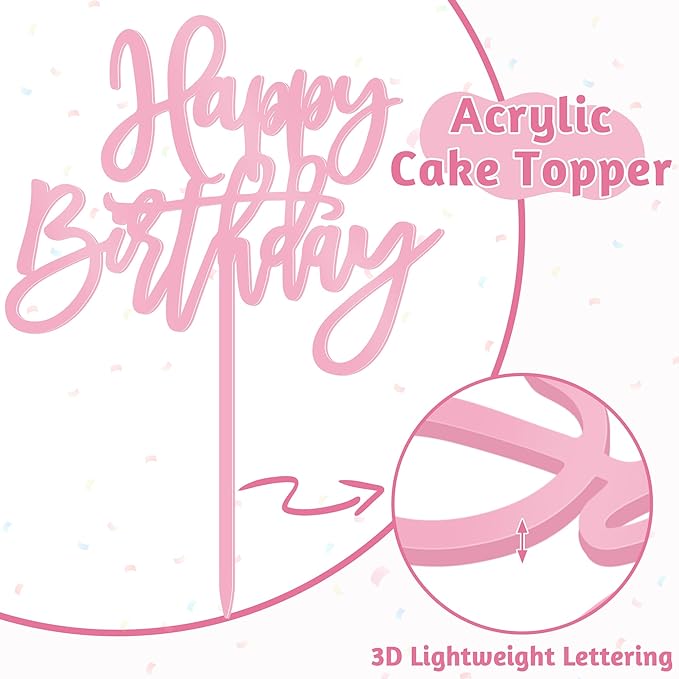 1 PCS Birthday Cake Topper, 5.1 x 7 Inches Happy Birthday Cake Toppers, Pink Happy Birthday Cake Sign for Party, Baby Shower, Anniversary and Cake Sign Decorations