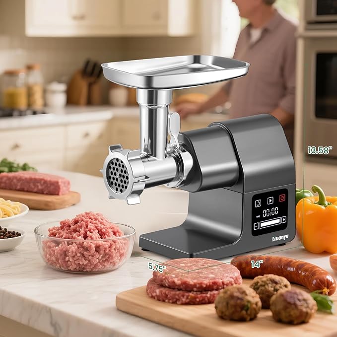Huanyu Electric Meat Grinder 2000W Max Power Heavy Duty with Touchscreen, 2 Blades, 3 Plates, Sausage Tubes and Kubbe Kit #10 Outlet for Home Use