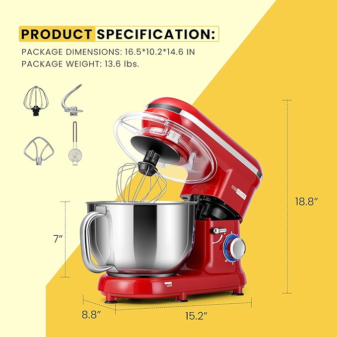 VIVOHOME Stand Mixer, 660W 10 Speed 6 Quart Tilt-Head Kitchen Electric Food Mixer with Beater, Dough Hook, Wire Whip and Egg Separator, Red