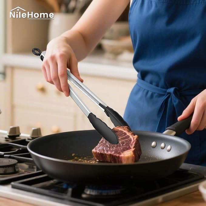 NileHome Tongs for Cooking, Professional Stainless Steel Cooking Tongs – Heat-Resistant for Grilling, BBQ, Serving Salad, Pasta, and Kitchen Use, Dishwasher Safe, Set of 7" 9" 12", Black