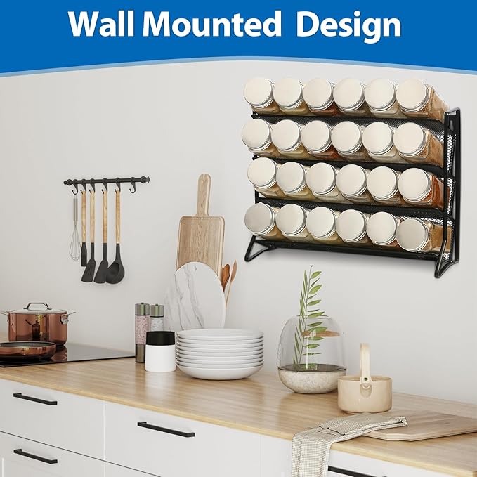 1PCS 4Tier Spice Rack for Counter Free Standing,Spice Rack for Inside Cupboard Hanging Wall Mounted Spice Seasoning Organiser Spice Jars Bottle Organizer for Kitchen Pantry(Black)