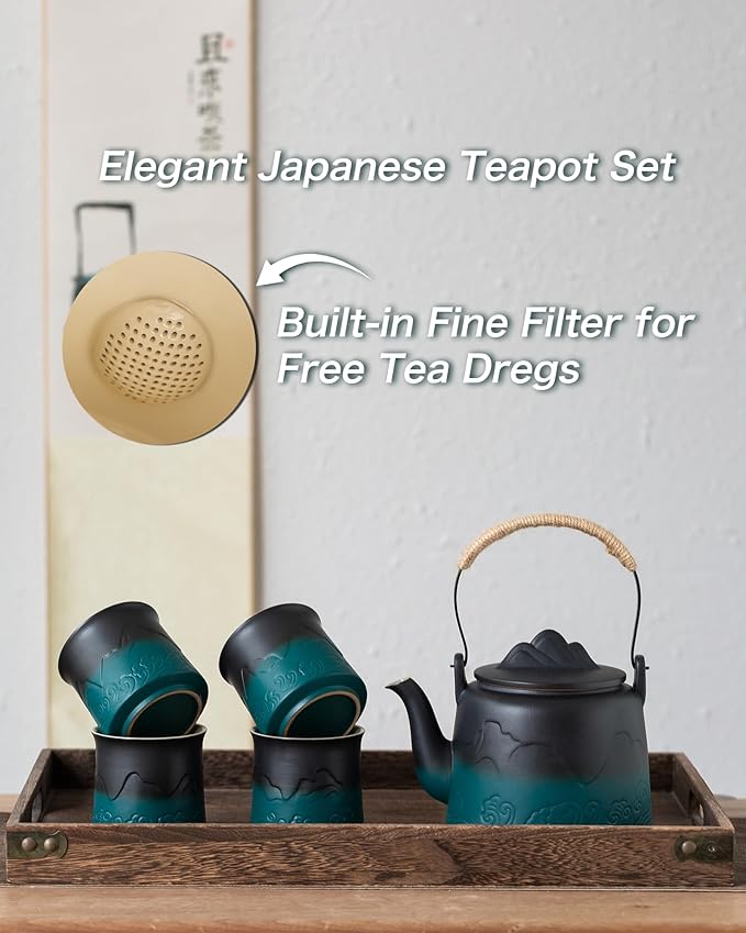 ZENS Vintage Japanese Tea Set, Gradient Embossed Ceramic Japanese Teapot with 4 Teacups, Hemp Rope Handle 33.8 oz Loose Leaf Teapot with Built-in Strainer for Tea Steeper Gifts, Black & Green