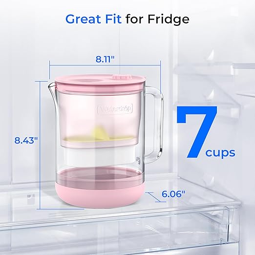 Waterdrop Glass Water Filter Pitcher with 1 Filter, Eco-Friendly, with NSF 53&42&372 Certified Filter, 7-Cup, Reduces PFOA/PFOS, Chlorine, Cadmium, Copper, Mercury, BPA Free, Easy to Clean, Pink