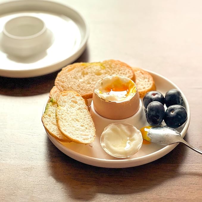 Cinf EggHolder & Spoon Set 2 Ceramic Egg Holders + 2 SS Spoons Breakfast Plate White 5.5'' Food Container Egg Tray Dinner Serving for Hard Boiled Eggs, Easter & Deserts Kitchen
