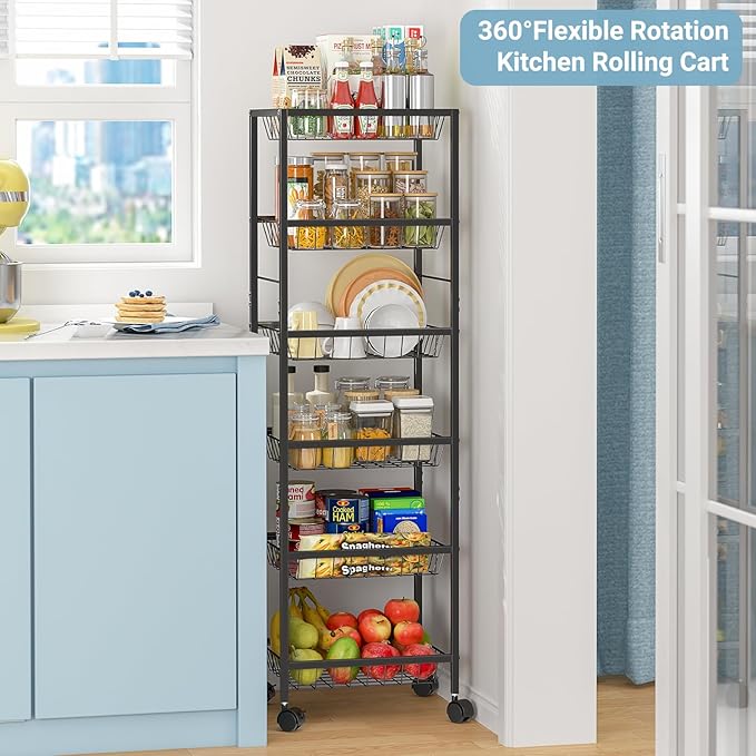 Fruit Vegetable Basket for Kitchen, 6 Tier Fruit and Vegetable Storage Cart, Metal Wire Storage Baskets with Wheels, Small Rolling Cart Organizer Rack for Pantry, Living Room, Bathroom