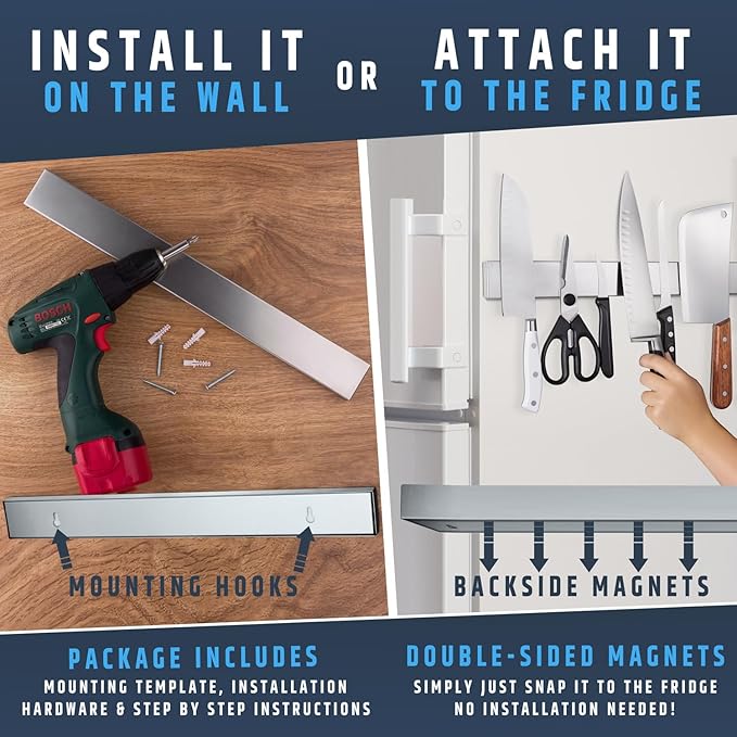 Premium Magnetic Knife Holder for Refrigerator that Doesn't Slide β 17 Inch Professional Double Sided Knife Strip for Fridge - Knife Rack/Knife Bar With Powerful Magnetic Pull Force (Upgraded Version)
