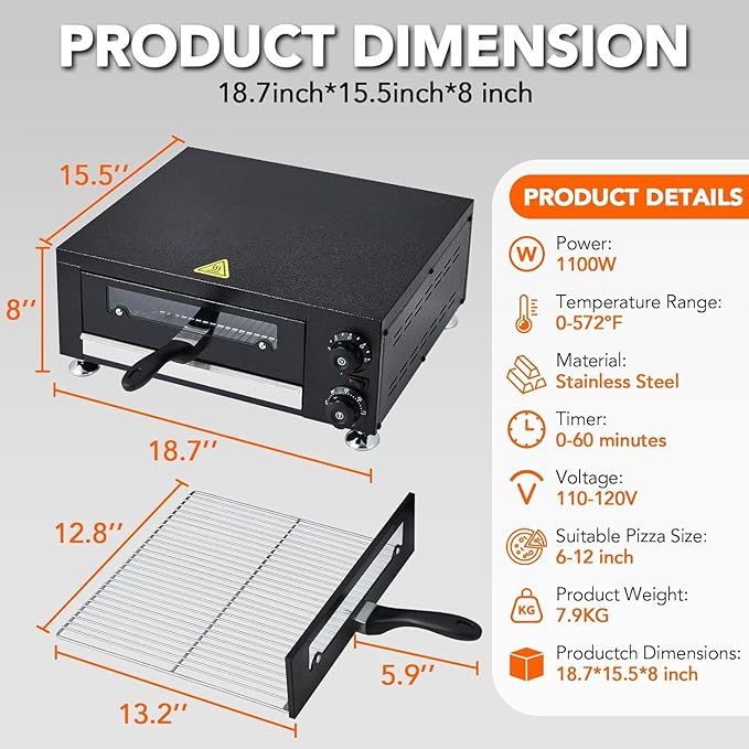 Heavy-Duty 12" Commercial Pizza Oven with visual Window,1100W Stainless Steel Chamber & Timer for Fast Food, Catering, Mall Kiosk,Countertop Electric Baking System
