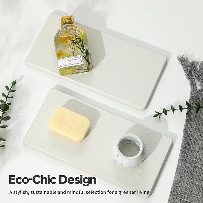 2PCS 10"x 5" Large Bathroom Sink Vanity Trays, Water Absorbing Diatomite Stone Quick Drying Mat for Kitchen Counter, Dish Rack Dispensers Sponge Holder Caddy Organizer, Beige, 10"x 5"