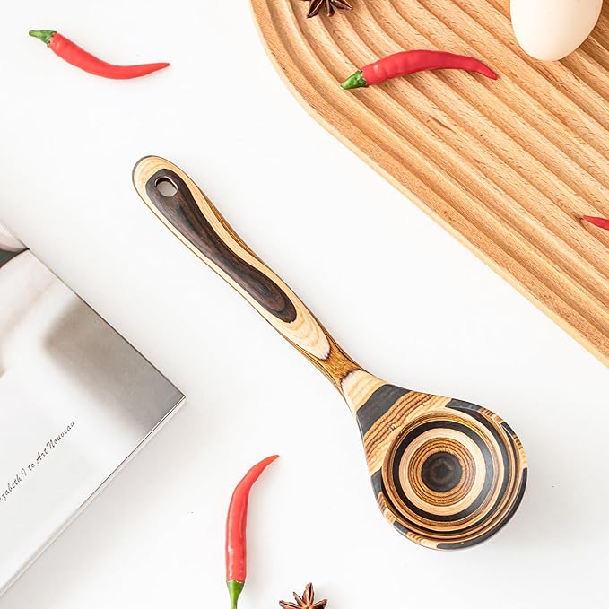 Gudamaye Pakkawood Deep Soup Ladles, 10.6 inch Big Wooden Ladle for Cooking, Wooden Kitchen Utensils Set