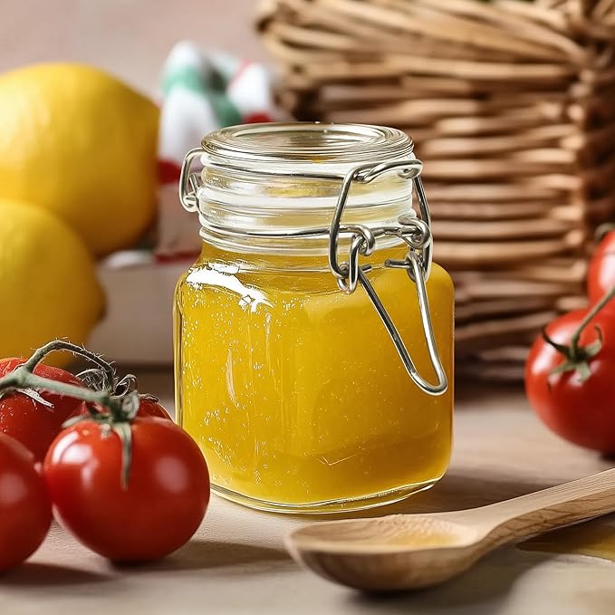 ComSaf 4 oz Glass Jars with Lid, Set of 12 Mini Airtight Glass Jars, Spice Jars, Small Mason Jar, Canning Jar Square with Seal Wire Clip Fastening, Labels & Funnels for Jam, Honey, Kitchen, Wedding