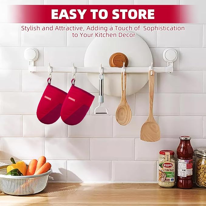 Mini Oven Mitts, Kitchen Oven Gloves Kitchen Mittens 500 Degrees Heat Resistant Baking Gloves, Non-Slip Silicone Surface with Hanging Loops Hot Gloves for Cooking, Baking, BBQ 1 Pair-Red