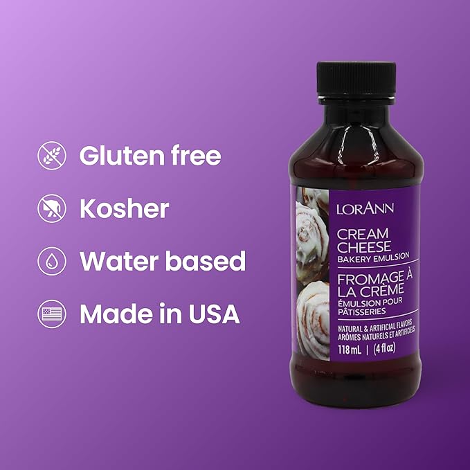 LorAnn Oils Cream Cheese Bakery Emulsion: True Essence, Ideal for Boosting Fruit Tones in Cakes, Cookies & Desserts, Gluten-Free, Keto-Friendly, Extract Substitute Essential for Your Kitchen, 4 Oz
