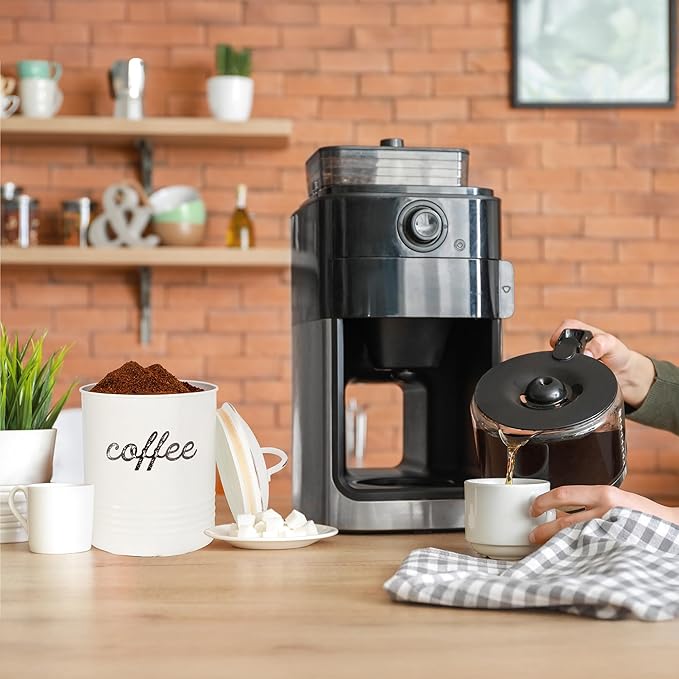 AuldHome Design Enamelware White Coffee Canister; Rustic Distressed Style Tea Storage for Kitchen