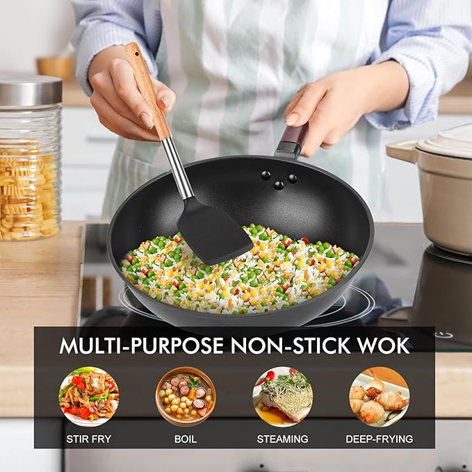Carbon Steel Wok Pan - 13" Wok Pan with Lid, Woks & Stir-Fry Pans Nonstick with Spatula & Brush, Chinese Wok Flat Bottom Wok for Induction, Electric, Gas, All Stoves