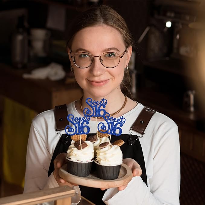 Gyufise 24 Pack 16th Birthday Cupcake Toppers Glitter Sixteen Happy Sweet 16 Cupcake Picks Cheers to 16 Years Old Cupcake Decorations for 16th Birthday Anniversary Party Cake Decorations Supplies Blue