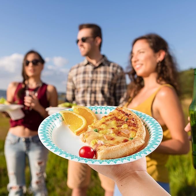 JOLLY PARTY 8.37 inch Disposable Paper Plates, 360 Count Dinner Plates, Soak Proof, Cut Proof for Everyday Use, Blue Diamond Pattern Rim Design