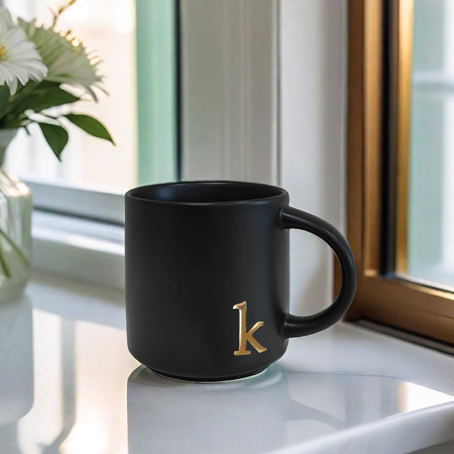 COLLECTIVE HOME - Black Monogram Ceramic Mugs, 15 oz Golden Initial Coffee Cups, Elegant Alphabet Tea Mugs, Personalized Halloween Mug with Gift Box, Perfect for Office and Home Décor (k)