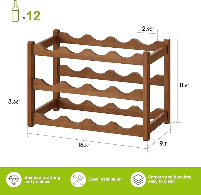 BMOSU Bamboo Wine Rack Wine Storage Cabinet Shelf 12 Bottle Wine Racks Countertop Sturdy for Kitchen Dining Room Pantry - 3 Tiers Wine Rack(Brown)