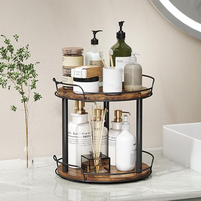 LAMU 10.2'' Wood Lazy Susan Turntable Organizer for Cabinet, 2 Tier Lazy Susan Spice Rack Organizer for Kitchen, Table Top, Countertop, Pantry, Medicine Organizer