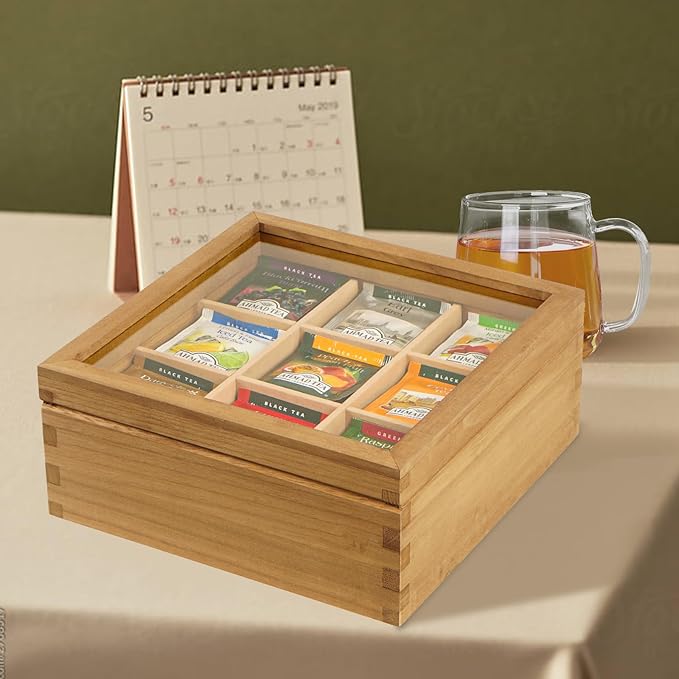 Wood Tea Bag Organizer, 6 Compartment Multi-Functional Tea Box and Storage Organizer for Tea Bags with Clear Acrylic Window