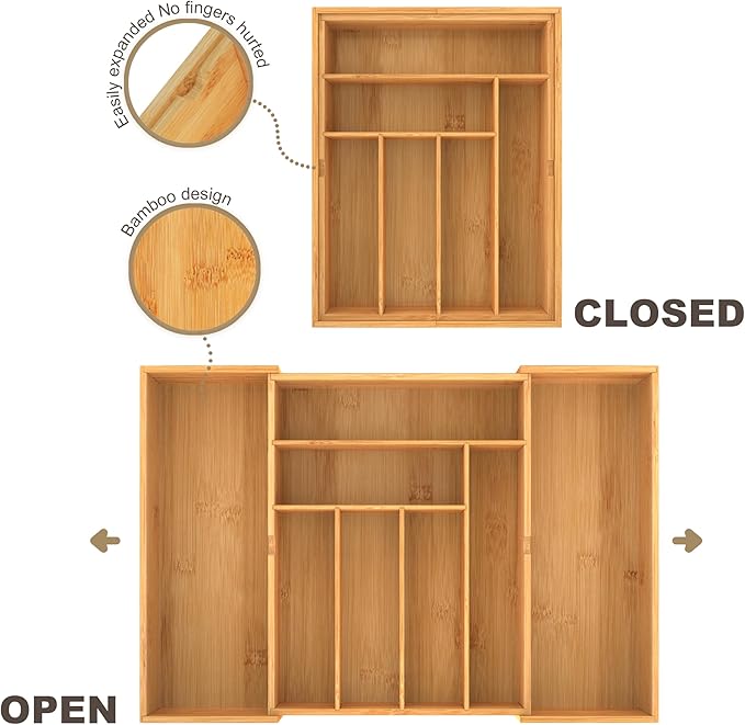 BAMEOS 3.9inch Tall Bamboo Drawer Organizer, Expandable Utensil Holder with 8 Compartments, Adjustable Kitchen Drawer Divider for Flatware, Silverware and Gadgets, Deep Storage for Home and Office