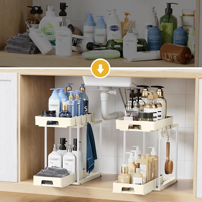 Delamu Under Sink Organizers and Storage, 2 Pack Pull Out Kitchen Bathroom Cabinet Organizer, 2 Tier Beige Under Sink Storage for Bathroom Kitchen