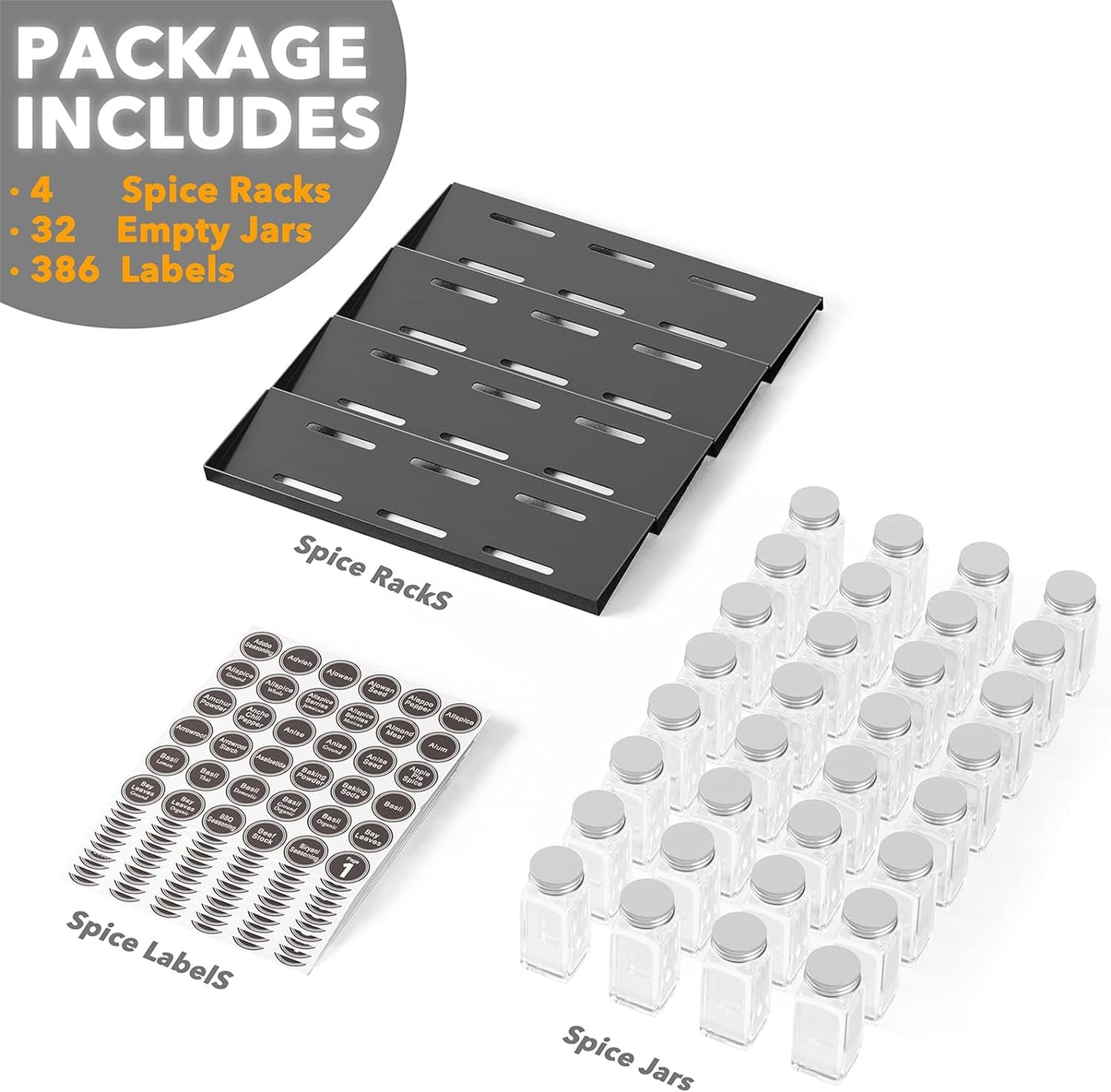 SpaceAid Spice Drawer Organizer with 32 Spice Jars, 386 Spice Labels, 4 Tier Seasoning Rack Tray Insert for Kitchen Drawers, 15" Wide x 17.5" Deep