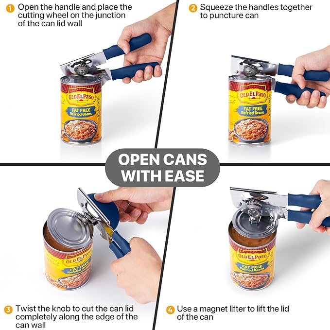 Can Opener Manual Heavy Duty, UHIYEE Hand Held Can Openers for Seniors with Comfort Grip Sharp Blade, Solid Steel Hand Manual Can Open with Magnet for Kitchen Camping, Blue