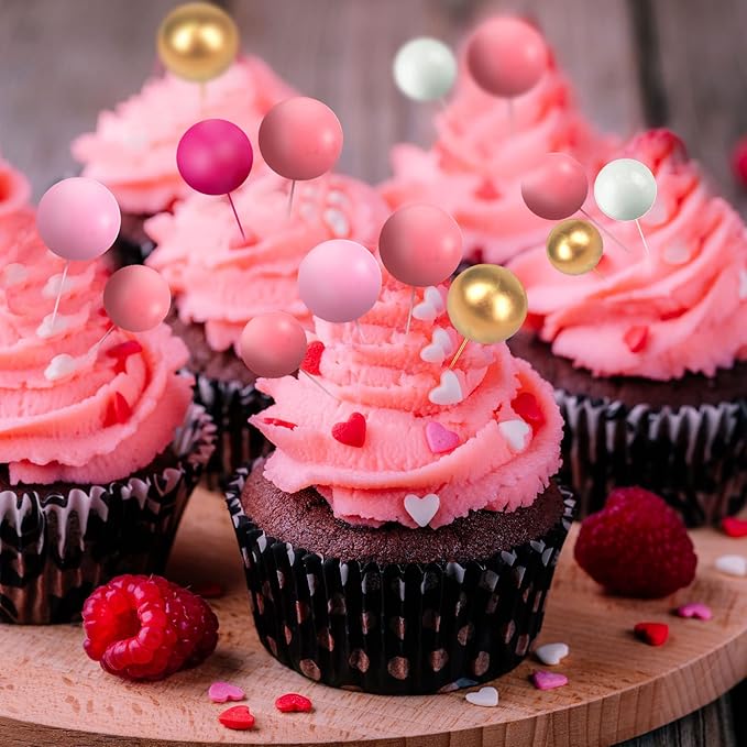 108 Pcs Balls Cake Topper DIY Cupcake Insert Foam Balloons for Cake Baking Wedding Anniversary Birthday Decoration(Pink Series, White, Gold,Multi Sizes)