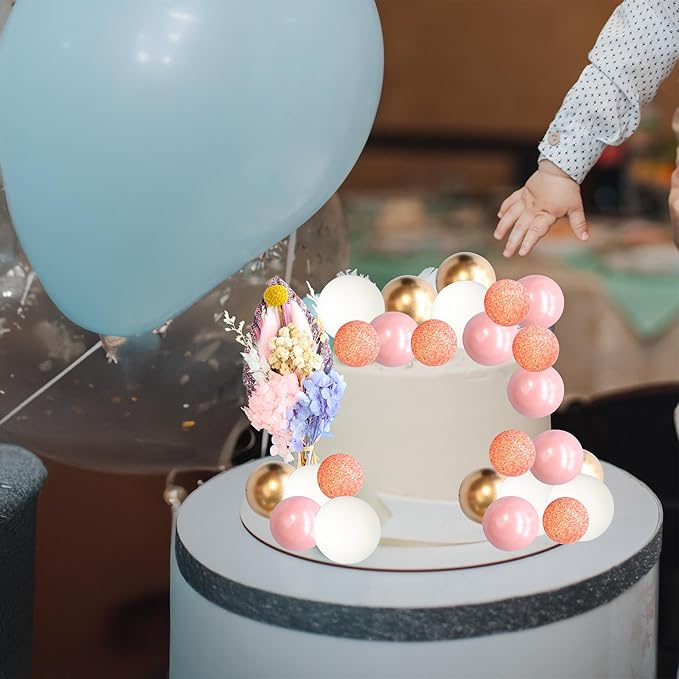 Gyufise 21 Pack Flower Boho Cake Topper Ball Cake Decorations Palm Leaves Plants Cake Decor for Girl Bohemian Princess Theme Wedding Baby Shower Birthday Party Supplies Pink