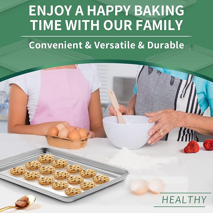 Baking Sheets Set of 2, HKJ Chef Cookie Sheets 2 Pieces & Stainless Steel Baking Pans & Toaster Oven Tray Pans, Rectangle Size 16 x 12 x 1 inch, Non Toxic & Healthy & Easy to Clean