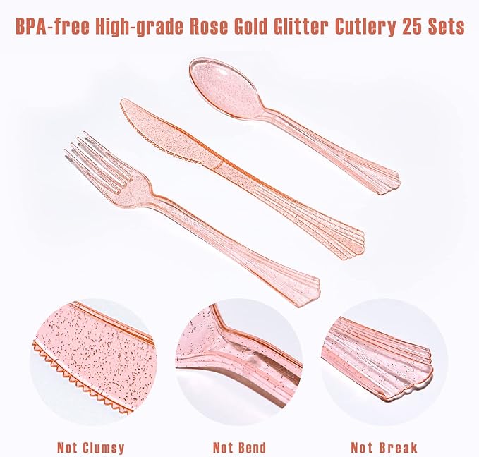 AIRE 175PCS Pink Rose Gold Plates Party Supplies Severs 25 Guests Disposable Party Decorations, Plastic Forks Knives Spoons, Golden Dot Paper Plates Napkins Cups for Baby Shower Birthday Wedding