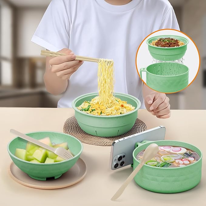 2 Sets Microwave Ramen Cooker,33 oz Ramen Bowl Set,Microwave Noodle Bowl,Ramen Bowl With Chopsticks and Spoon, College Dorm Room Essentials, Apartment Essentials, BPA-Free (green blue)