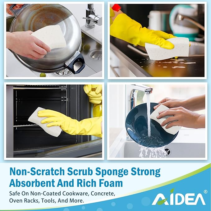AIDEA Non-Scratch Scrub Sponge-6Count, Sponges Kitchen, Natural Sponge for Non-Stick Cookware, Cellulose Sponges for Dishes, Cleaning Power for Kitchen, Bathroom, Household