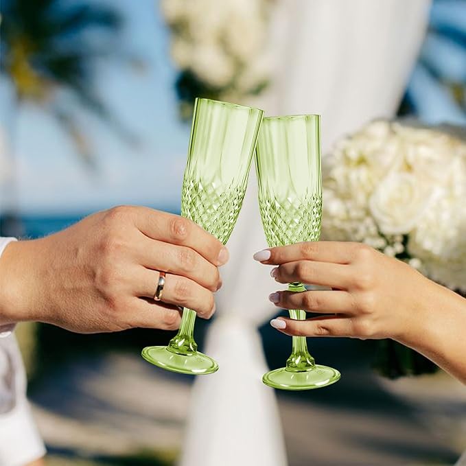 Plastic Champagne Flutes, 12PCS Green Plastic Wine Glasses Goblets Reusable Champagne Flute for Weddings, Bachelor Parties, Toasting, and Events(12, Green)