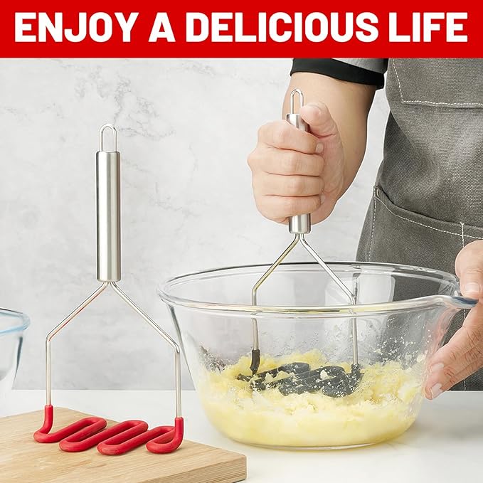 SHIKORI Non-Scratch Silicone Potato Masher Kitchen Tool, Potatoes Masher Potato Masher Stainless Steel Wrapped In Premium Silicone, Potato Smasher 2 Pcs-Red