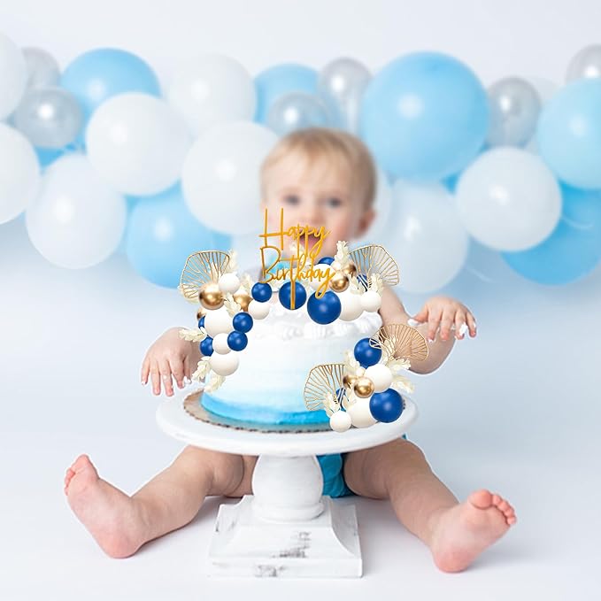 Gyufise 57Pcs Balls Cake Topper Boho Grass Cake topper Pearl Balls Acrylic Happy Birthday Cake Decorations for Wedding Baby Shower Birthday Boho Themed Party Supplies Royal Blue