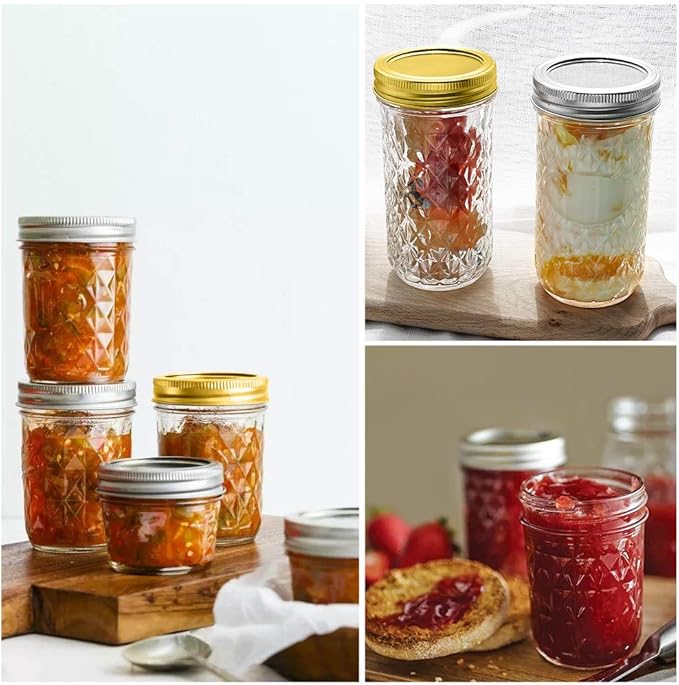 12 Pack Glass Mason Canning Jars With Regular Lids, Ideal for Jam, Jelly, Honey, Wedding Favors, Shower Favors, Baby Foods, DIY - 4 OZ x 4, 8 OZ x 4, 12 OZ x 4