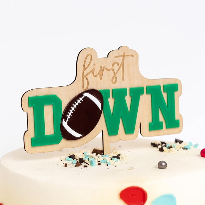 First Year Down Cake Topper - Football One Cake Topper, Sports Theme First Birthday Party Cake Decoration for Anniversary, Baby Shower, Baby Photo Booth Props, Cake Smash…