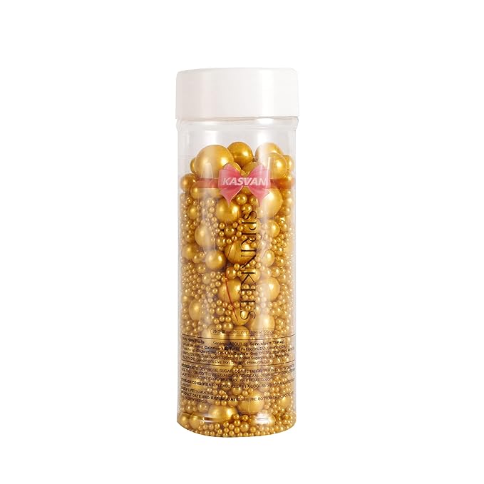 Kasvan Gold Pearl Sugar Sprinkles - Edible Candy Pearls 130g/4.58 Oz, Mix Size, Baking Cake Decorations, Ice Cream Toppings and Cookie Decorating, Wedding Party Chirstmas Supplies