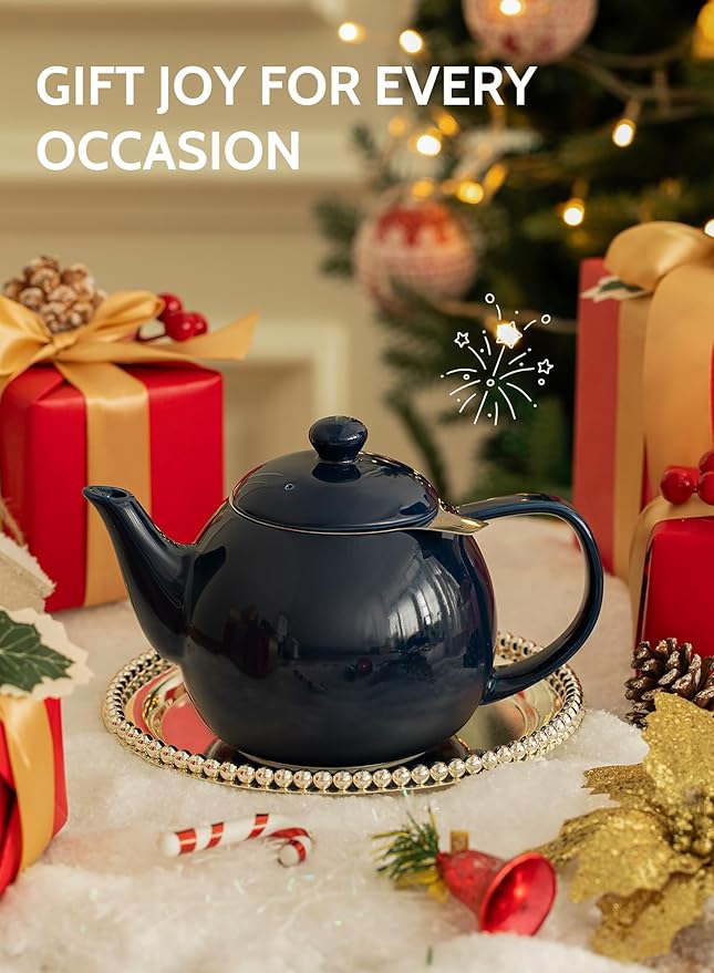Sweese Teapot, Porcelain Tea Pot with Stainless Steel Infuser, Blooming & Loose Leaf Teapot - 27ounce, Navy