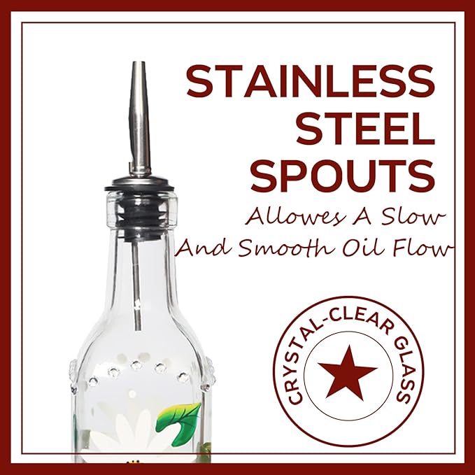 17oz Hand Painted Glass Olive Oil Bottle - 500ml Green Oil & Vinegar Cruet with Pourers - Olive Oil Carafe Decanter for Kitchen (Daisy)