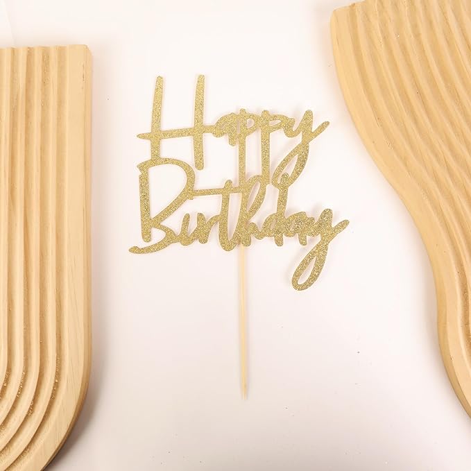 Happy Birthday Cake Topper - Glitter Gold Birthday Cake Top Decorations (Gold)