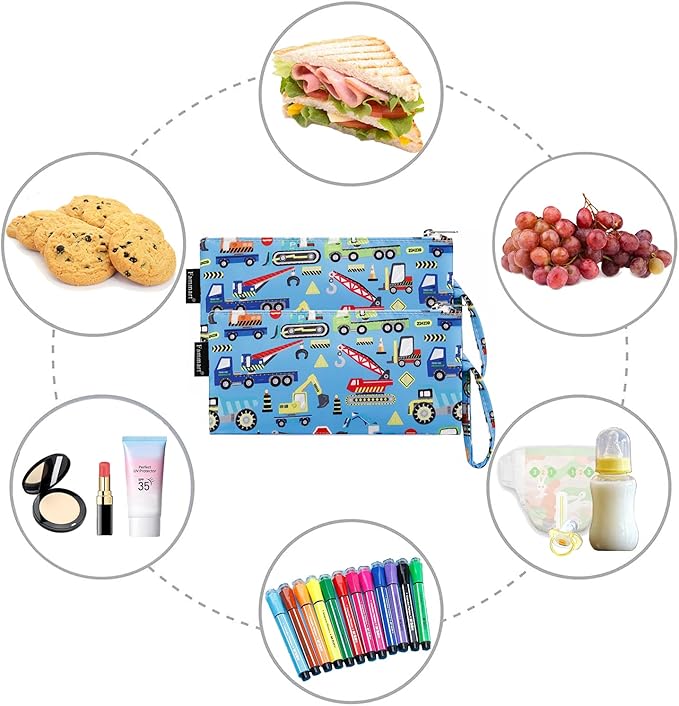 Reusable Sandwich Bag/Snack Bag for Kids & Adults, Dual Layer Lunch Bag with Handle, Washable, Food Safe, BPA Free (2-Pack, Car)