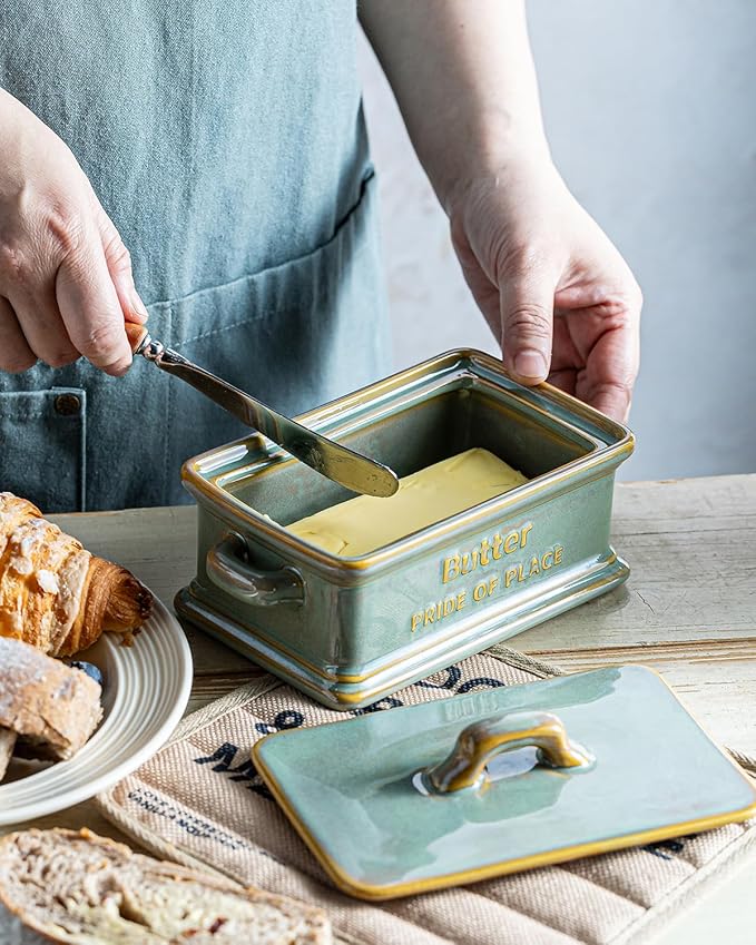 Butter Dish with Lid, Ceramic Butter Holder Container Large Butter Dish for Countertop Farmhouse Decor Butter Keeper for East West Coast Butter, Green